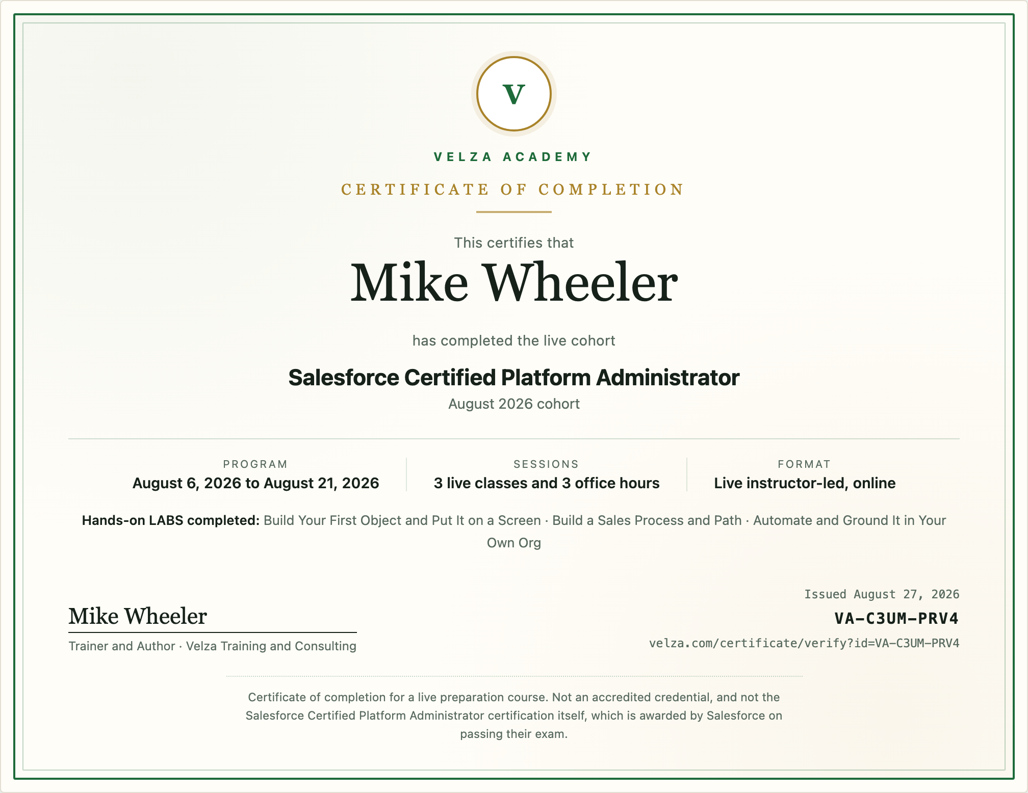 A Velza Academy certificate of completion for the Salesforce Certified Platform Administrator live cohort