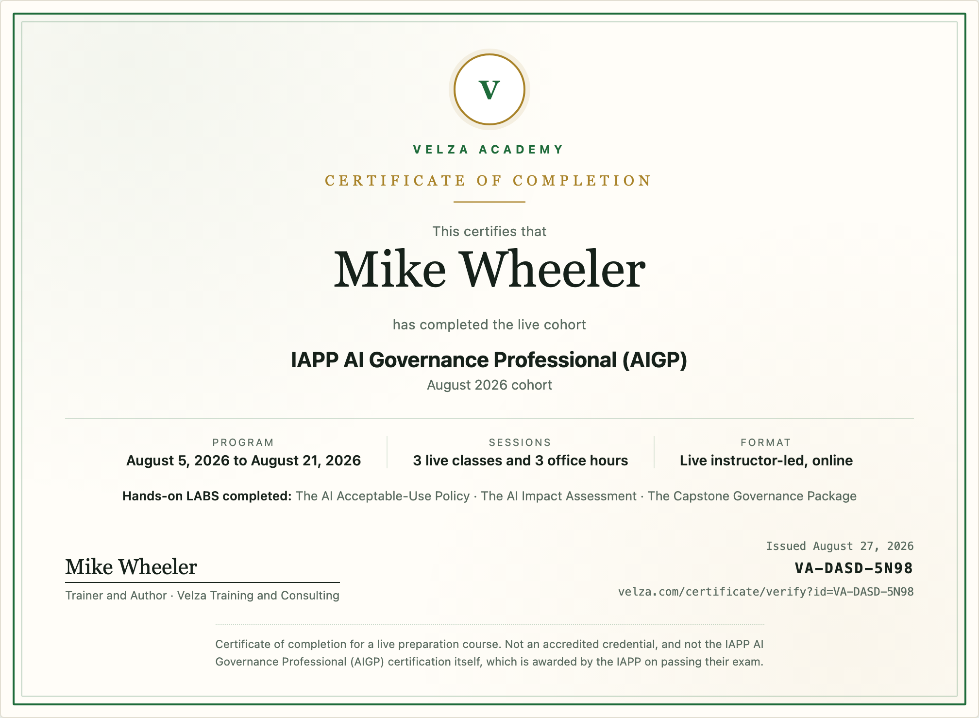 A Velza Academy certificate of completion for the IAPP AI Governance Professional live cohort