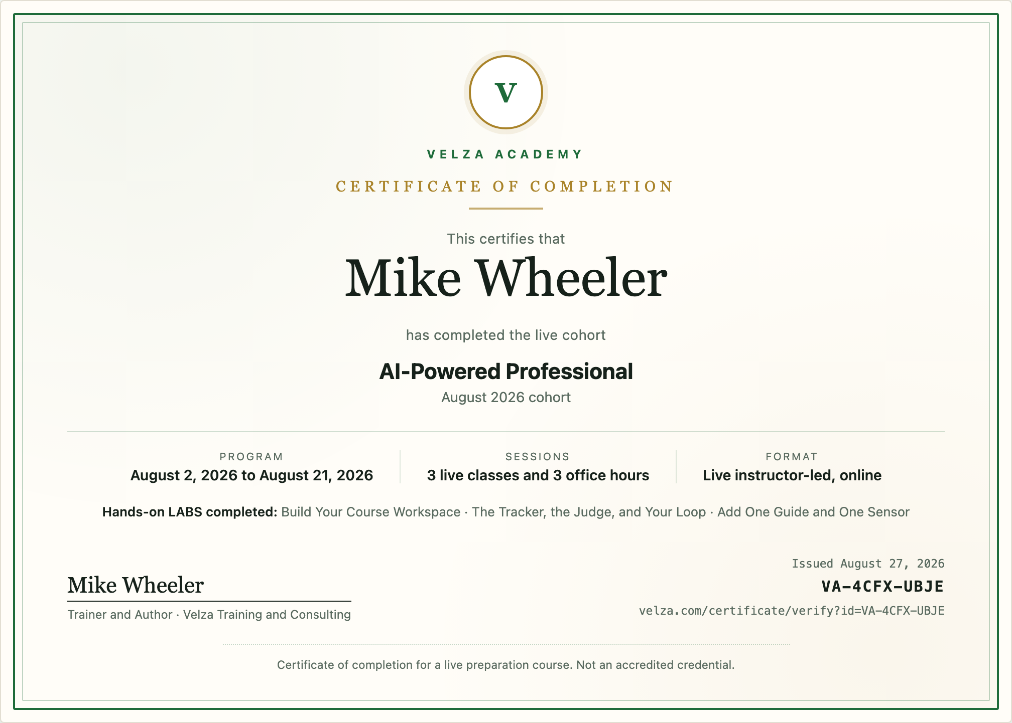 A Velza Academy certificate of completion for the AI-Powered Professional live cohort