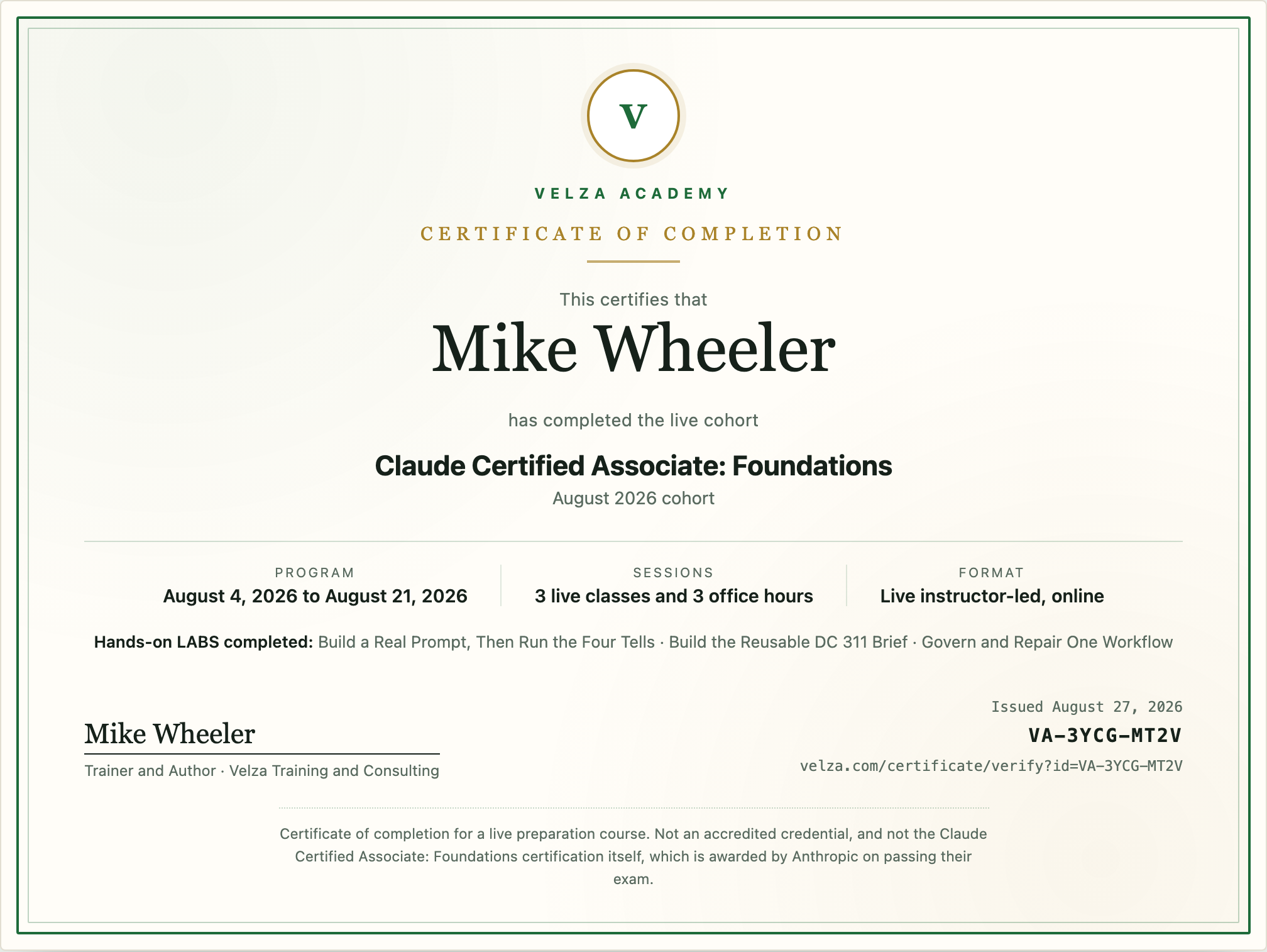 A Velza Academy certificate of completion for the Claude Certified Associate: Foundations live cohort