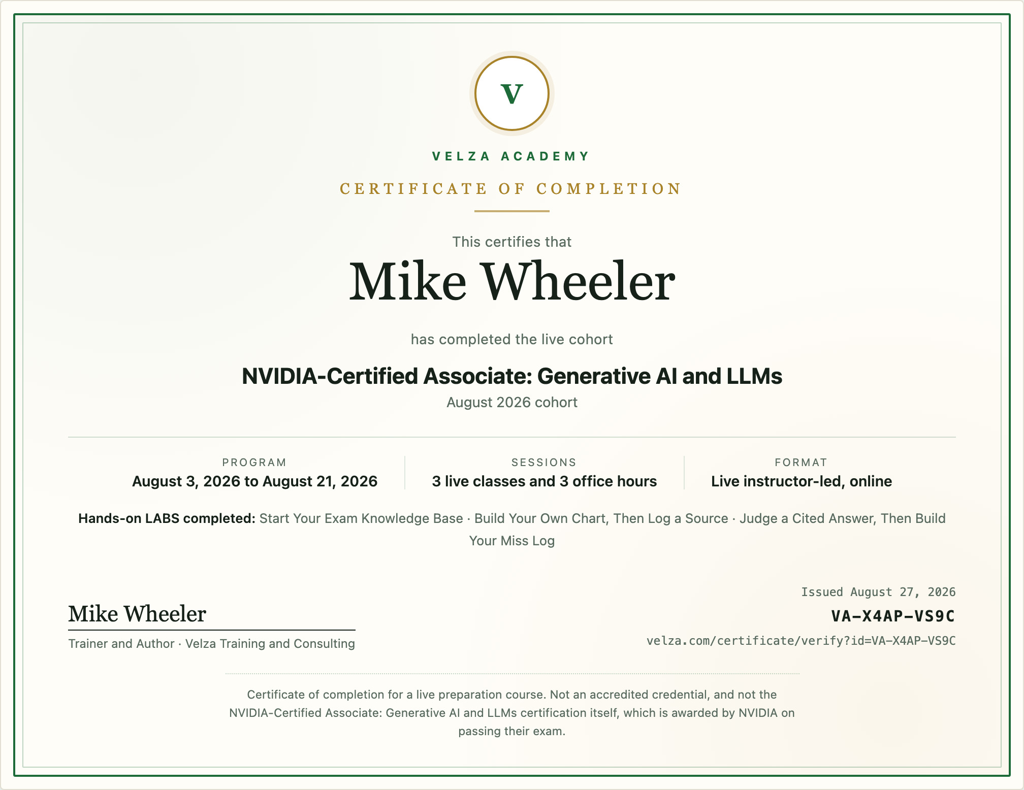 A Velza Academy certificate of completion for the NVIDIA-Certified Associate: Generative AI and LLMs live cohort