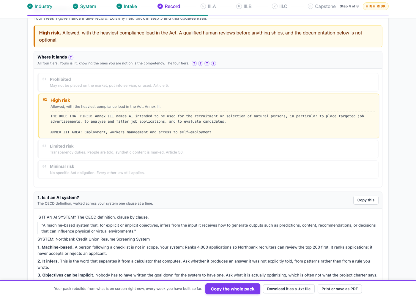 The AI System Intake and Risk Classifier showing a resume screening system classified as high risk, with all four risk tiers and the rule that fired