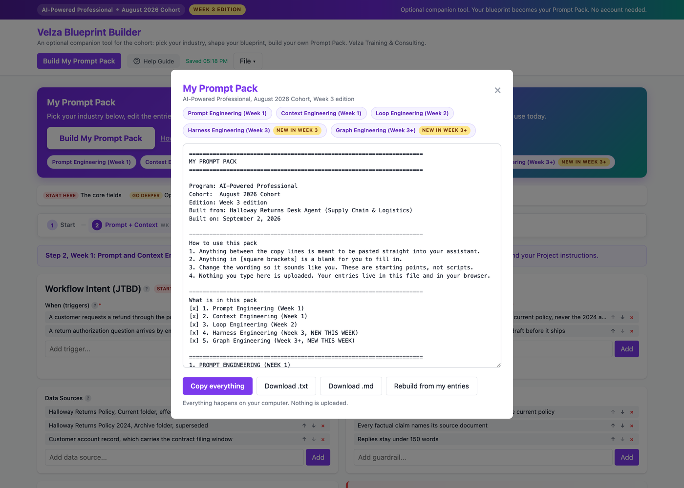 The AI Workflow Builder with a Prompt Pack built for a returns-desk workflow, listing the five weekly disciplines it covers