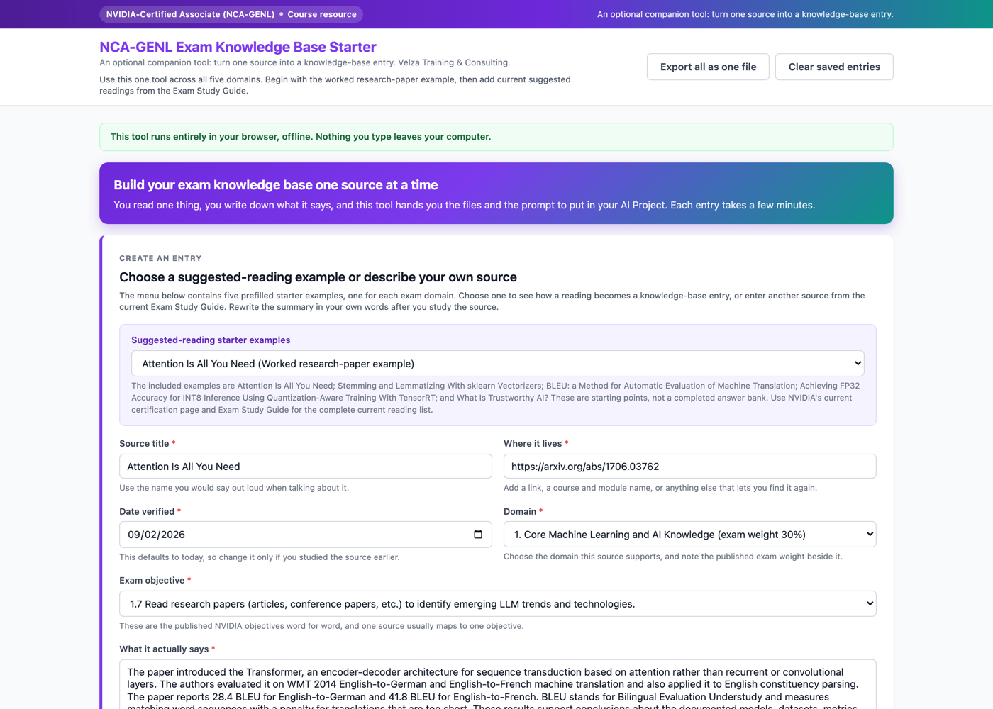The NVIDIA Knowledge Base Starter Tool with a worked reading loaded